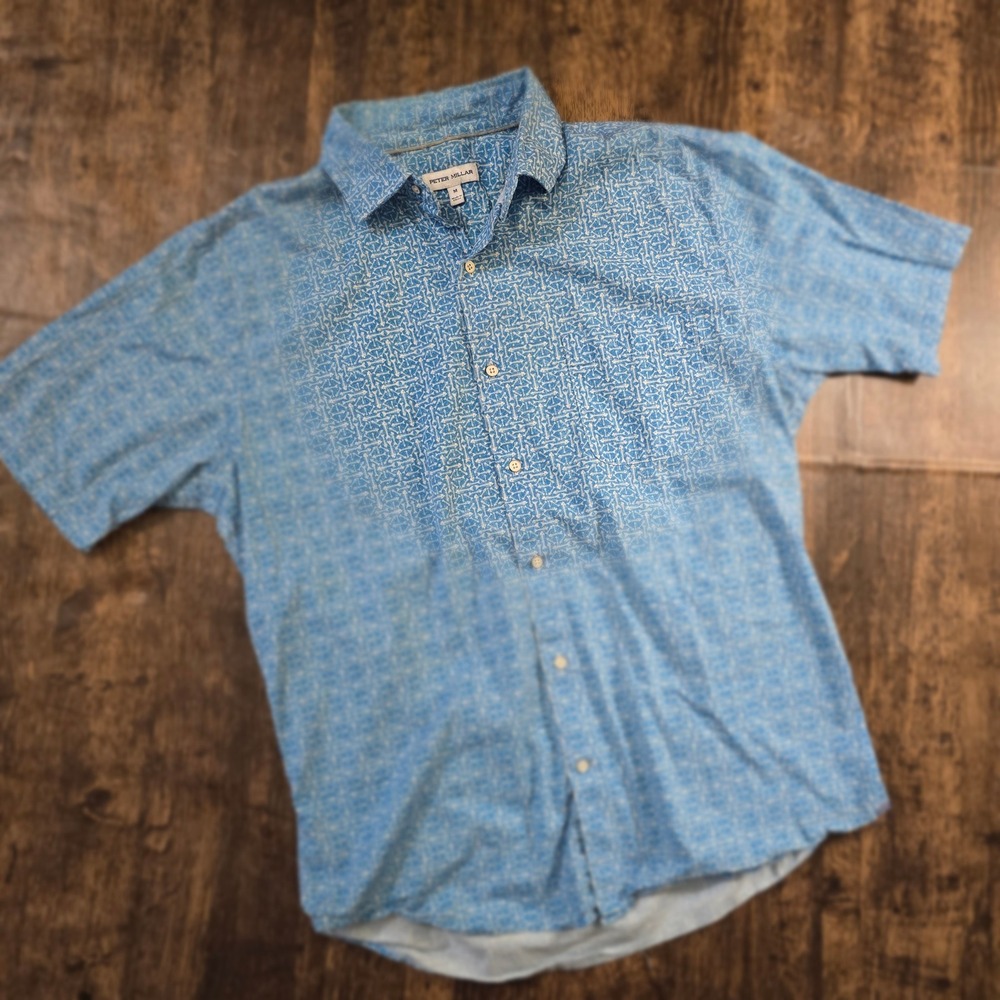PETER MILLAR Button Down Shirt Mens M Blue Excellent Fishbone Arrow Short Sleeve